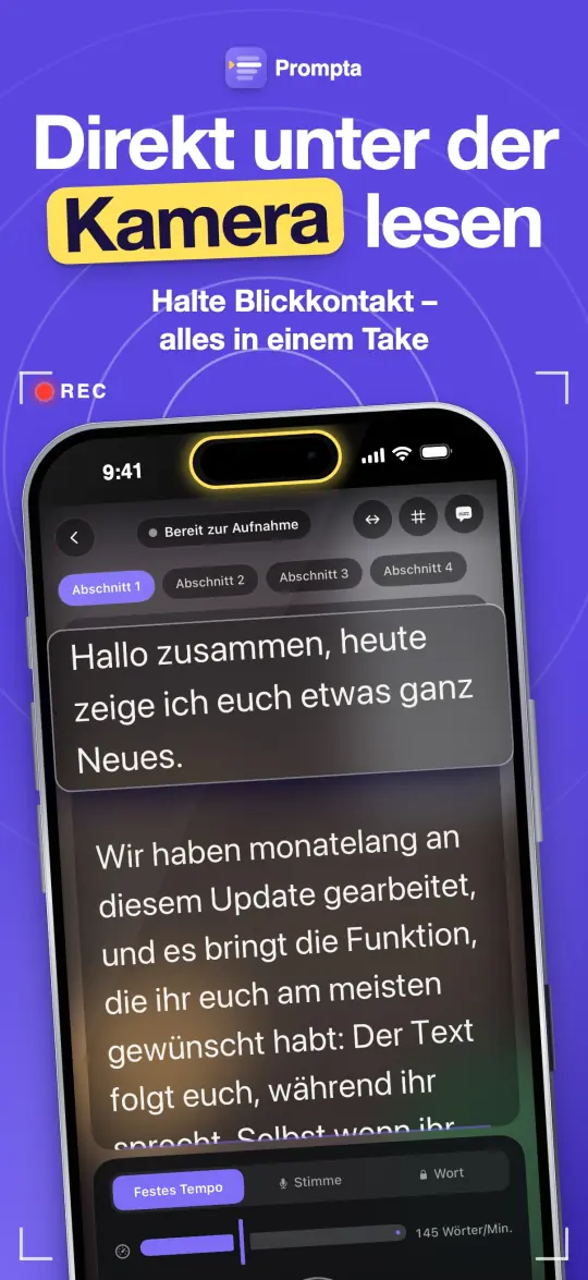 Direkt unter der Kamera lesen — Halte Blickkontakt – alles in einem Take