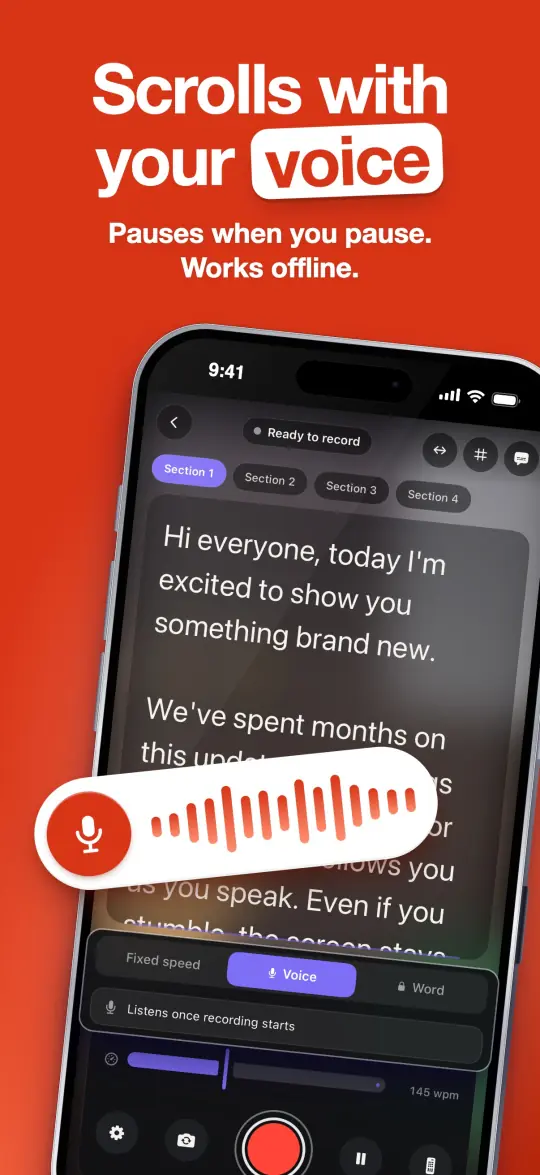 Scrolls with your voice — Pauses when you pause. Works offline.
