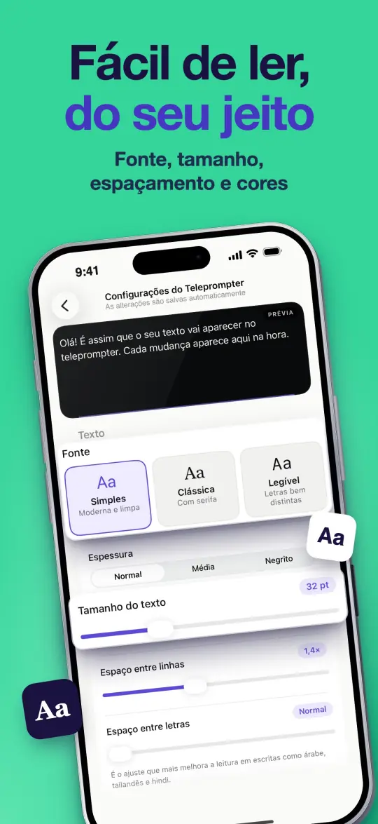 Fácil de ler, do seu jeito — Fonte, tamanho, espaçamento e cores
