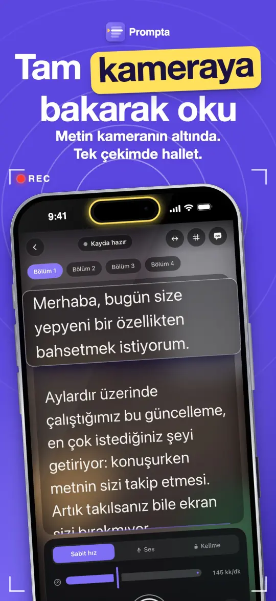 Tam kameraya bakarak oku — Metin kameranın altında. Tek çekimde hallet.