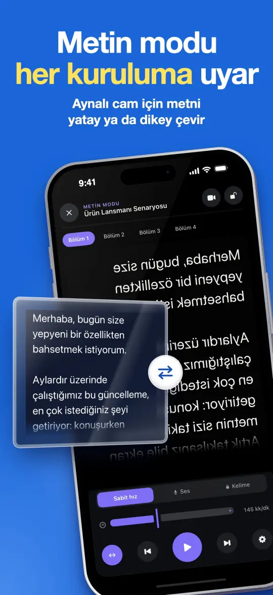 Metin modu her kuruluma uyar — Aynalı cam için metni yatay ya da dikey çevir